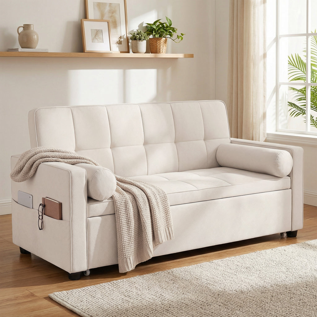 Canapé convertible 2 places 3 en 1 canapé-lit avec lit gigogne double dossier réglable 2 coussins 80,5x137,5x84cm beige-1