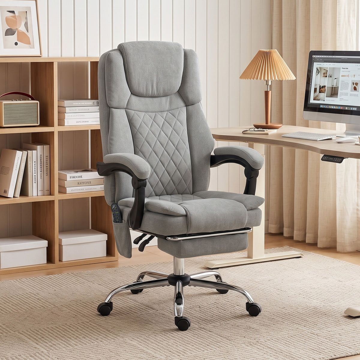 Fauteuil Bureau Massant Vibrant et Chauffant, Chaise Bureau Ergonomique en Velours Imprimé, Dossier Inclinable, Gris-1