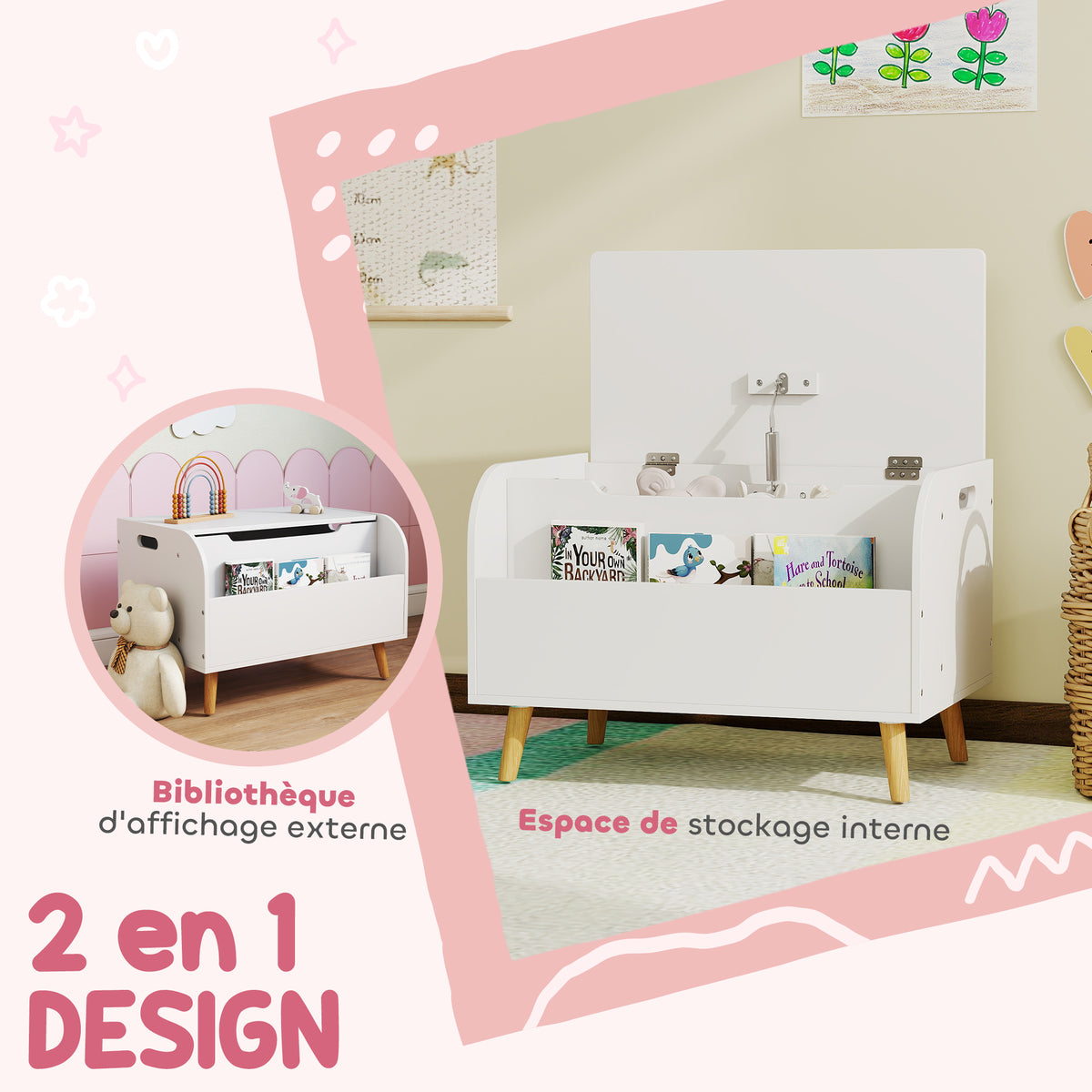 Coffre à jouet enfant, coffre de rangement enfant, couvercle rabattable et compartiment ouvert, 60x40x43cm, blanc-4