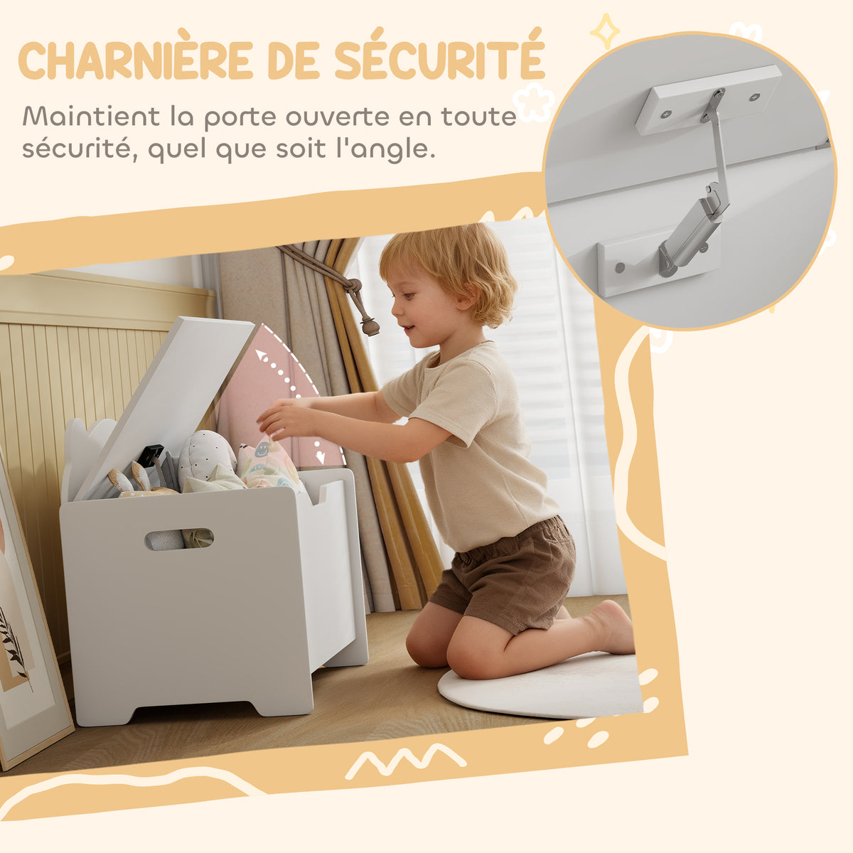 Coffre à jouet enfant avec couvercle rabattable, coffre de rangement enfant, forme d'ours, 60 x 38 x 48 cm, blanc-3