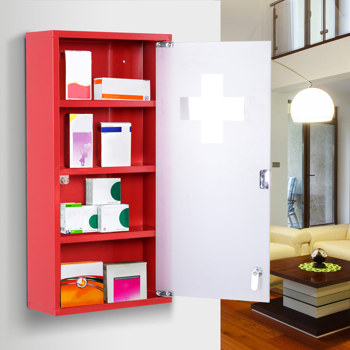 Armoire à Pharmacie 3 étagères 4 Niveaux verrouillable Porte Verre trempé dépoli Logo Croix 30L x 12l x 60H cm Acier Rouge-1