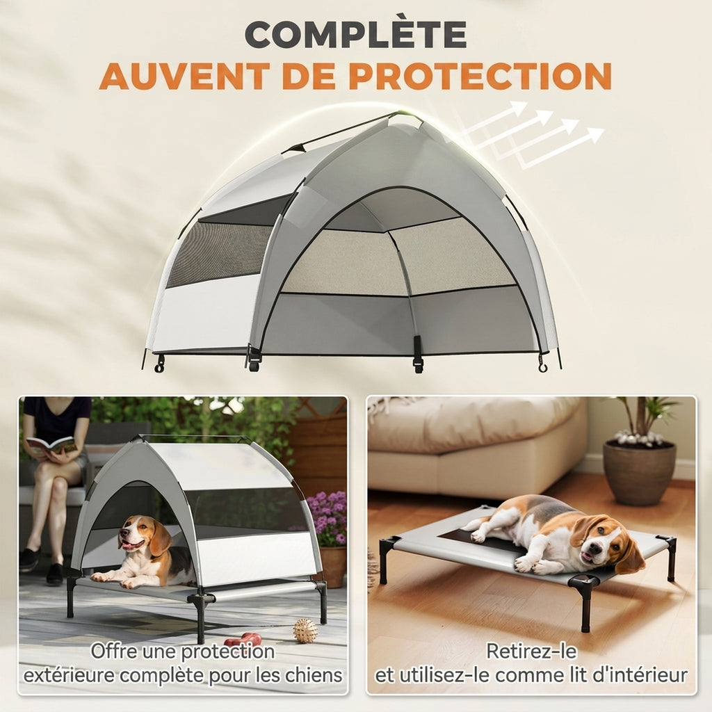 Lit pour Chien Surélevé Tente pour Chien avec Auvent Tente 3 Côtés Respirant Textilène Sac 76x61x70cm Gris Clair-3