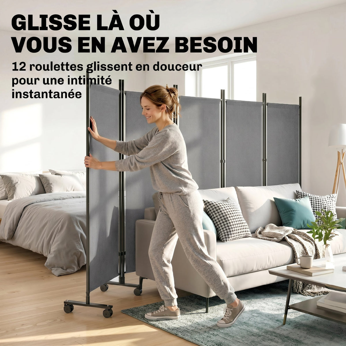 Paravent 5 Panneaux 252x170cm, Paravent Pliant avec 12 Roulettes et Clips de Connexion, Acier et Polyester, Gris Foncé-3