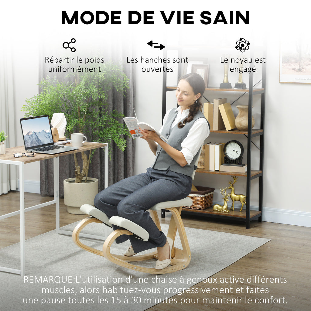 Siège assis genoux, tabouret ergonomique en bois à bascule avec dossier, chaise à genoux pour bureau à domicile, crème-5