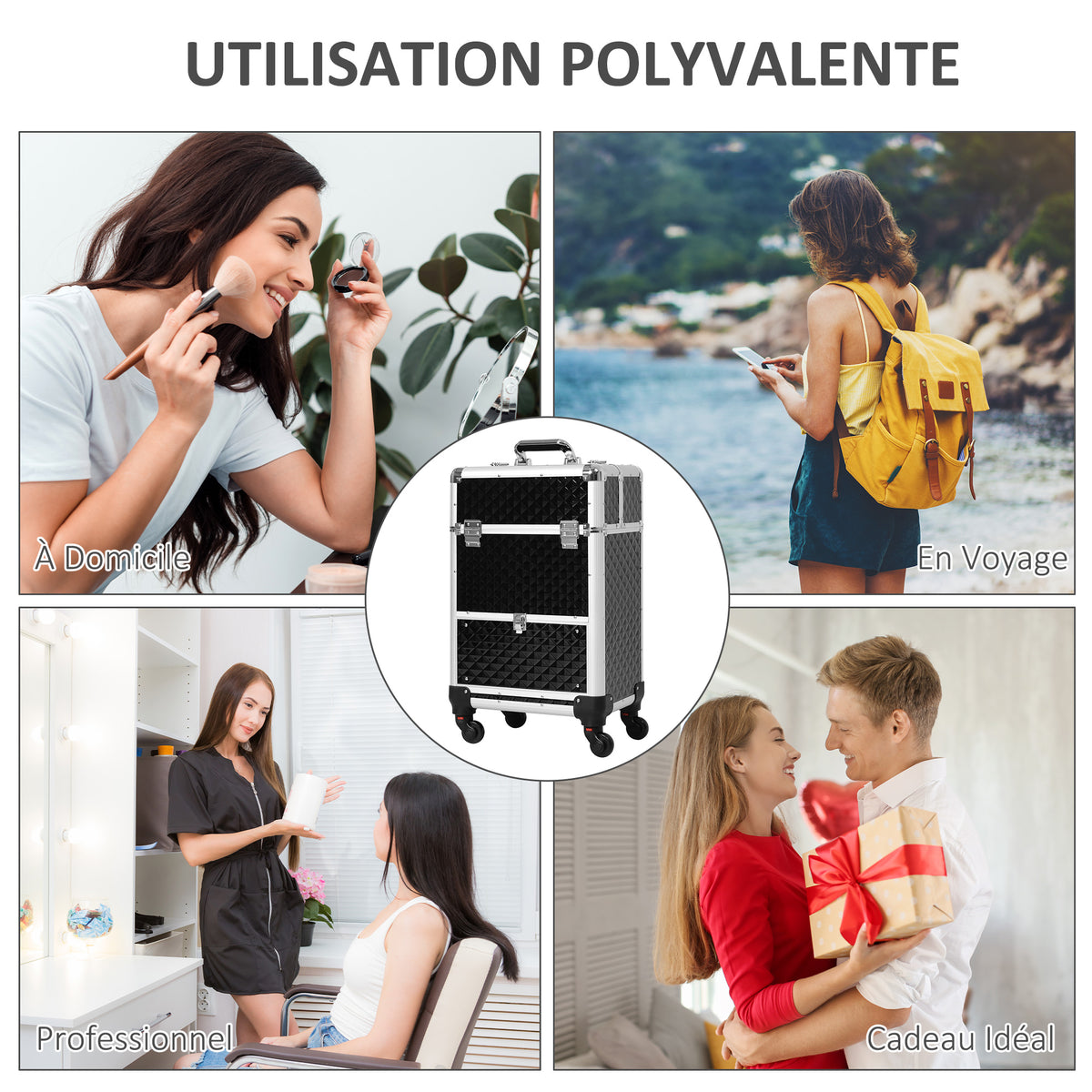 Valise trolley maquillage mallette cosmétique vanity poignée télescopique réglable 34L x 25l x 62H cm alu. noir-6