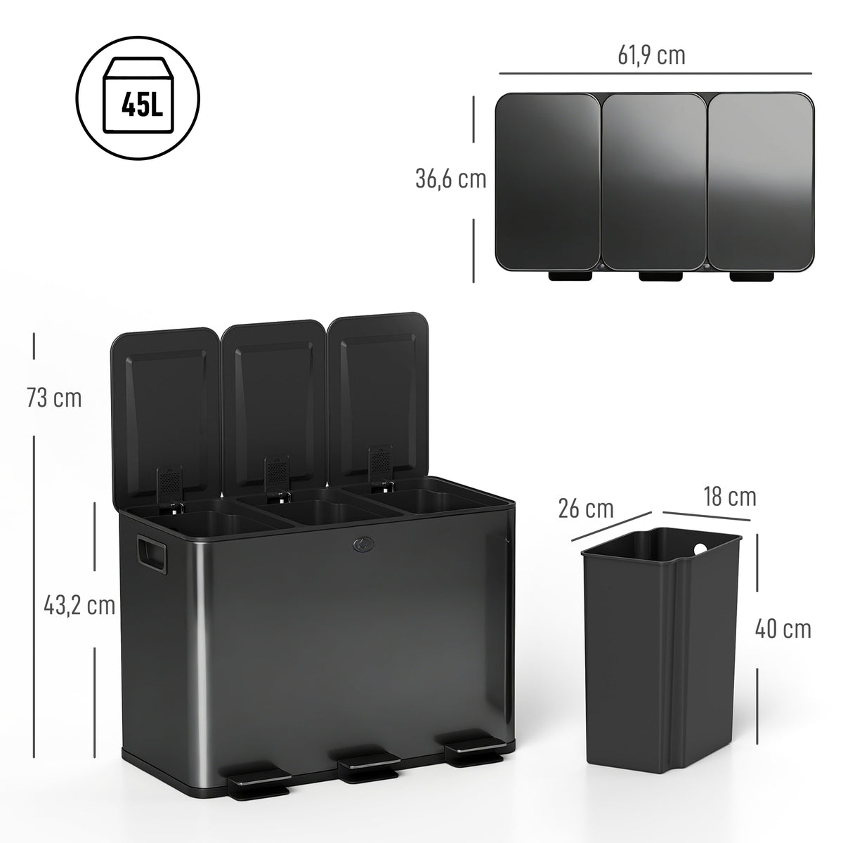 Poubelle de cuisine 45L avec 3 compartiments de 15L, couvercle, seaux intérieurs amovibles, 3 x 15L, noir-2