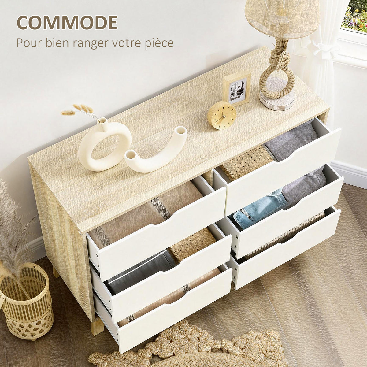 Commode 6 tiroirs style scandinave, meuble de rangement - dim. 120l x 40P x 76H cm, chêne et beige-3