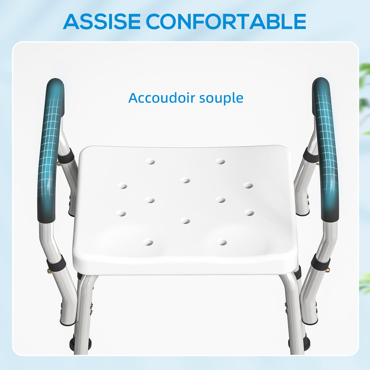 Tabouret de douche pour personnes âgées et handicapées avec accoudoirs, hauteur réglable, patins antidérapants, blanc-4