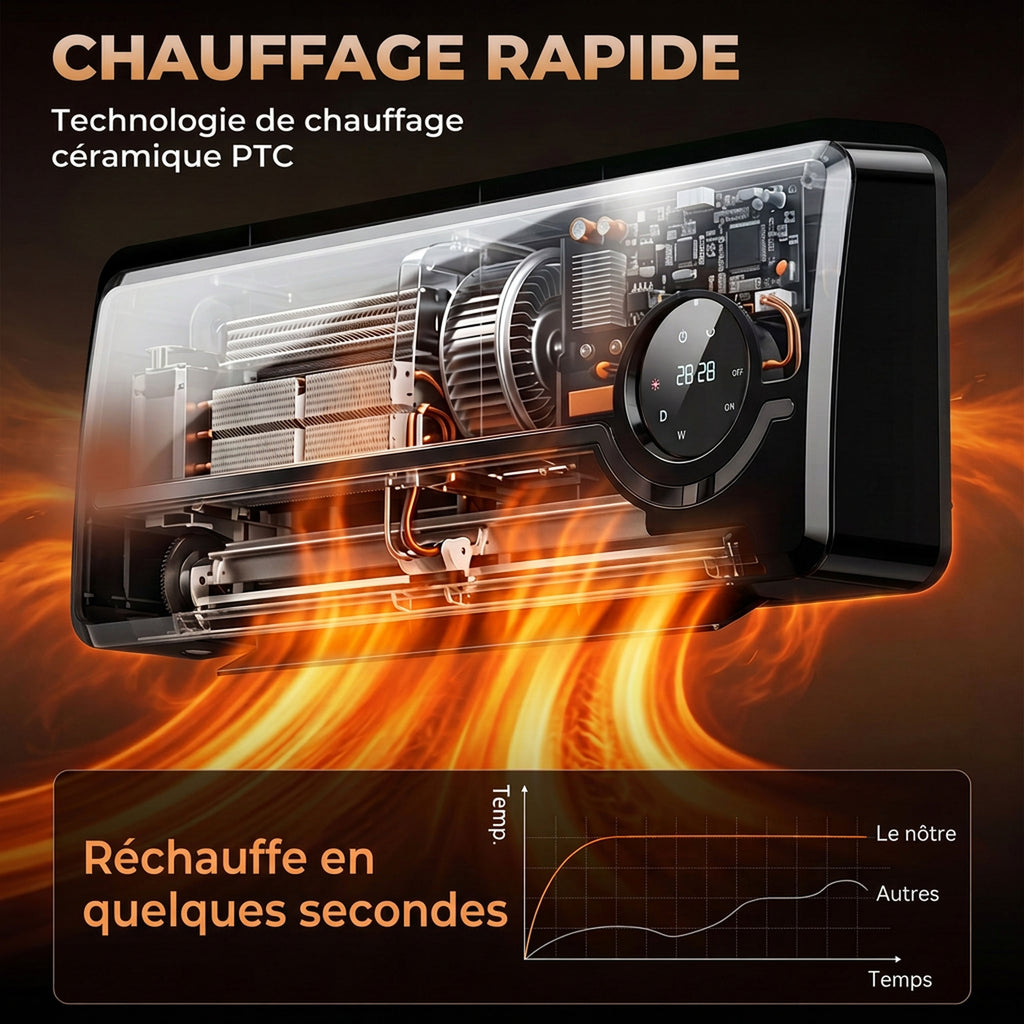 Chauffage mural en céramique 1000/2000W, radiateur électrique, ventilateur, thermostat, minuterie, 50x18,6x12,9cm, noir-4