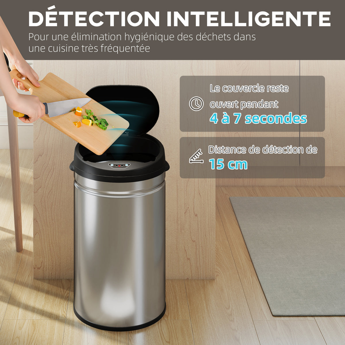 Poubelle cuisine automatique 30L acier inoxydable, poubelle à couvercle à fermeture en douceur, 32x30,5x51cm, argent-3