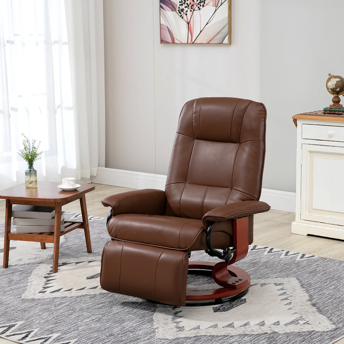 Fauteuil relax inclinable repose-pieds réglable pivotant 360° piètement bois revêtement PU respirant et doux marron-1