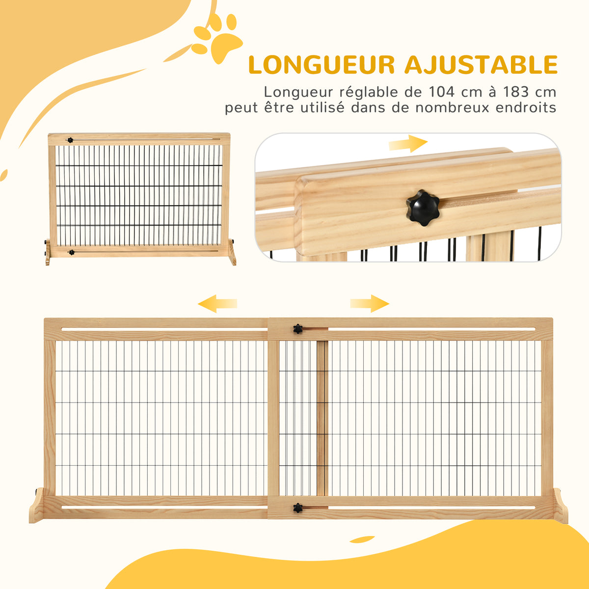 Barrière de sécurité pour chien extensible longueur réglable 104-180 x 36 x 69 cm pin bois naturel-3