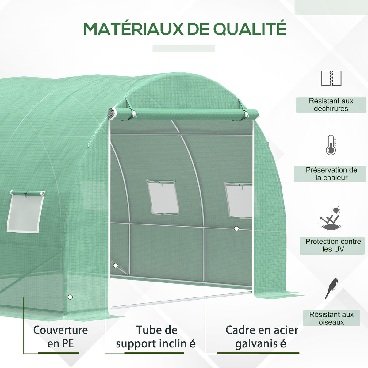 Serre de jardin 9 m² serre tunnel de jardin 3 x 3 x 2 m avec porte enroulable et 6 fenêtres en maille en acier PE vert-3