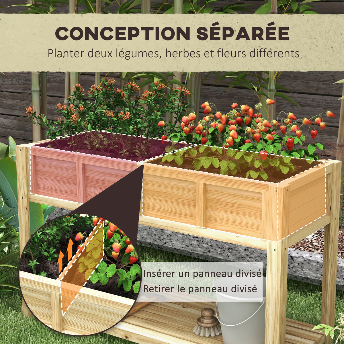 Jardinière sur pieds avec séparateur amovible, étagère, Inserts d'irrigation, feutre de drainage 115L x 46l x 75H cm-3