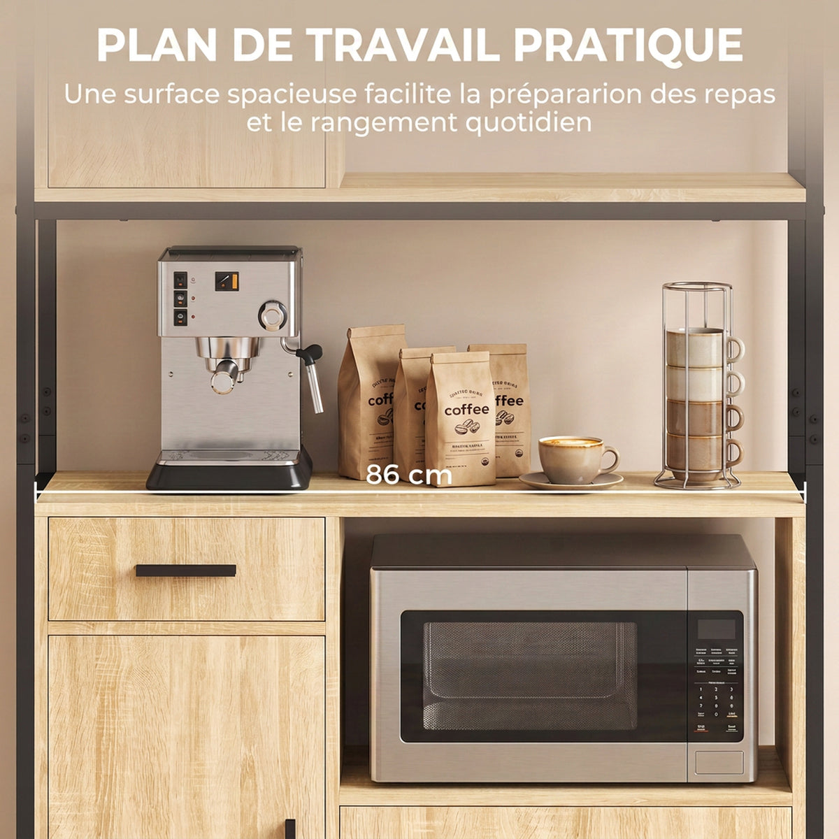 Buffet Haut Cuisine, Armoire de Cuisine, 3 Portes à Fermeture Douce, Tiroir, Plan de Travail, Niches Ouvertes, Naturel-4