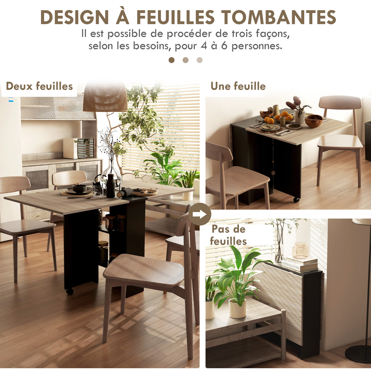 Table pliante de cuisine salle à manger amovible sur roulettes 75 x 140 x 74 cm coloris chêne et noir-3