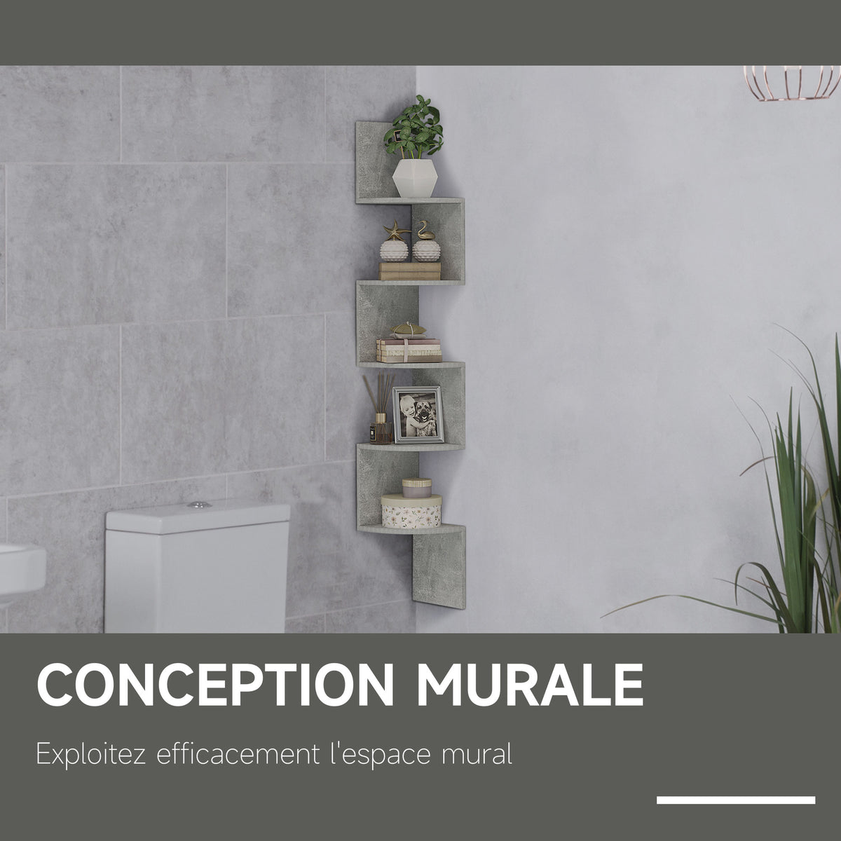 Étagère d'angle Murale de Rangement Forme Zigzag 20L x 20l x 126H cm 5 Niveaux Bois Gris-3