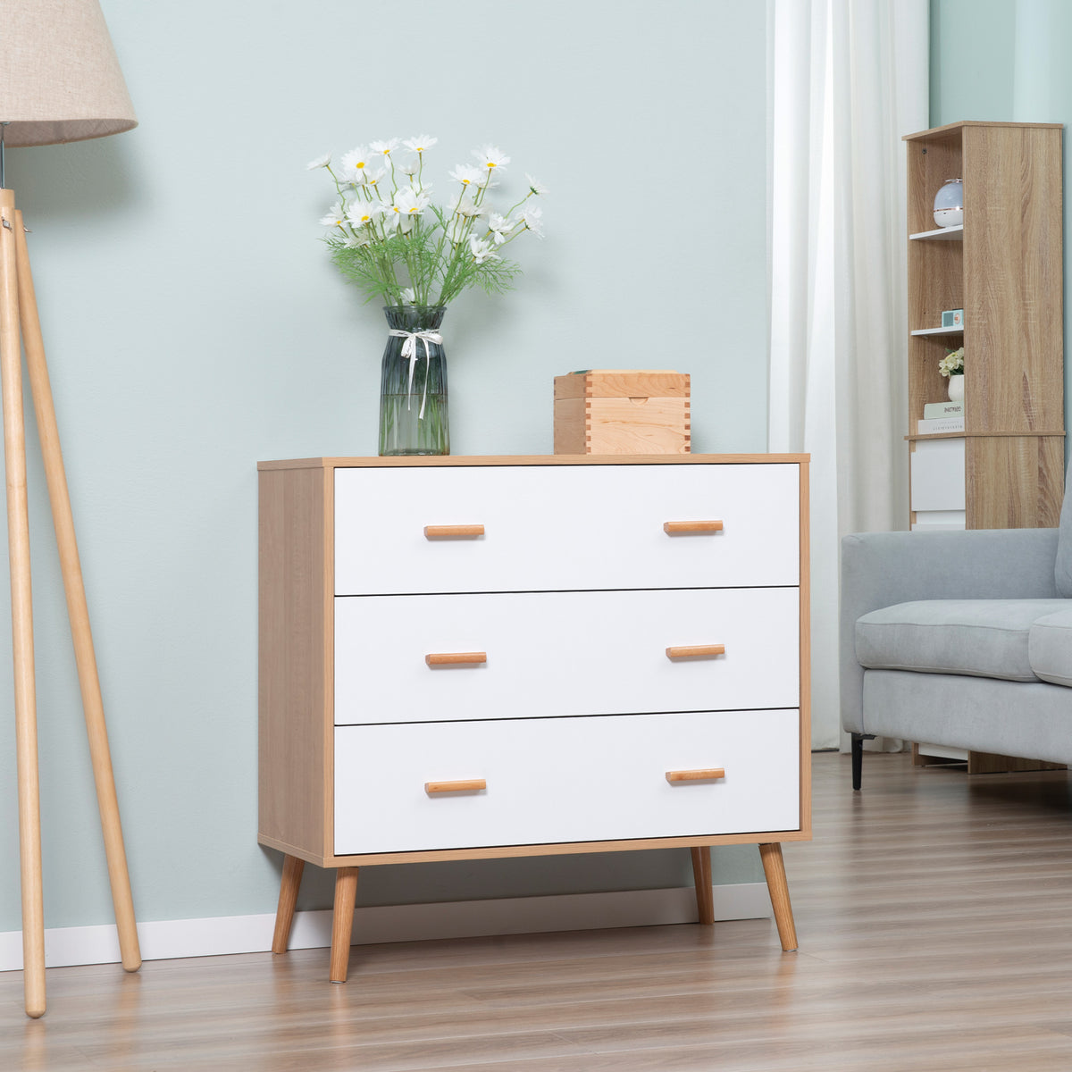 Commode Design scandinave 3 tiroirs coulissants Pieds effilés inclinés Panneaux Particules Aspect Bois Clair-1