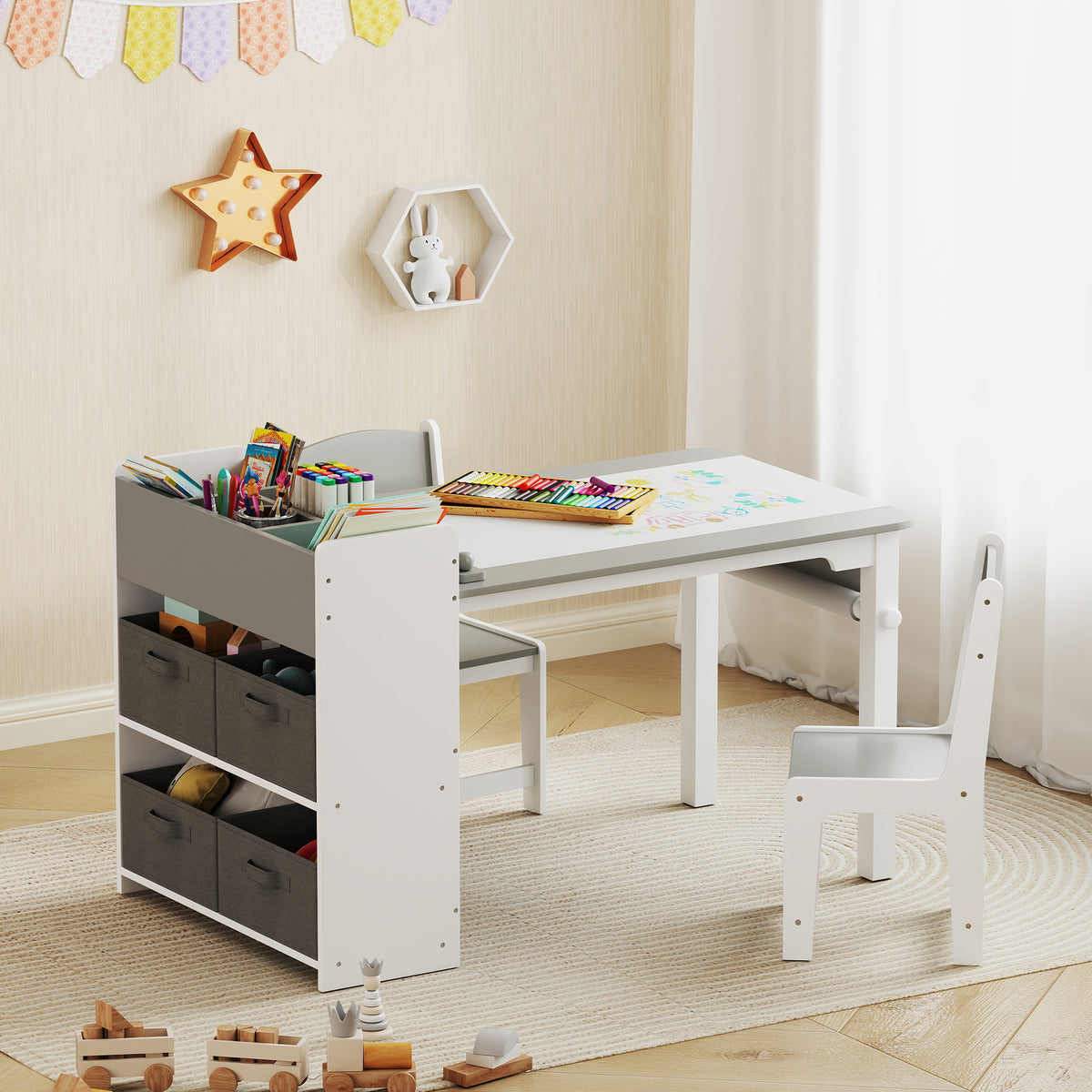 Ensemble table et 2 chaises enfant en bois avec rouleau de papier, étagères et tiroirs, pour fille garçon 3-8 ans, gris-1