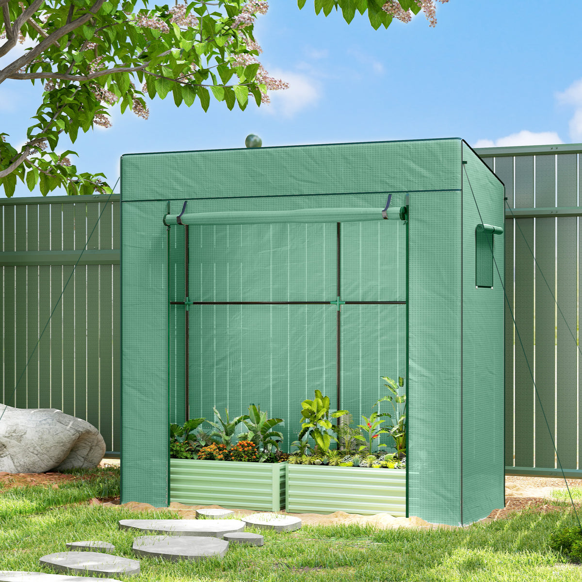 Serre de jardin murale adossée avec 1 porte enroulable, bâche PE renforcée, 2 fenêtres, dim. 196L x 77l x 197/178H cm-1