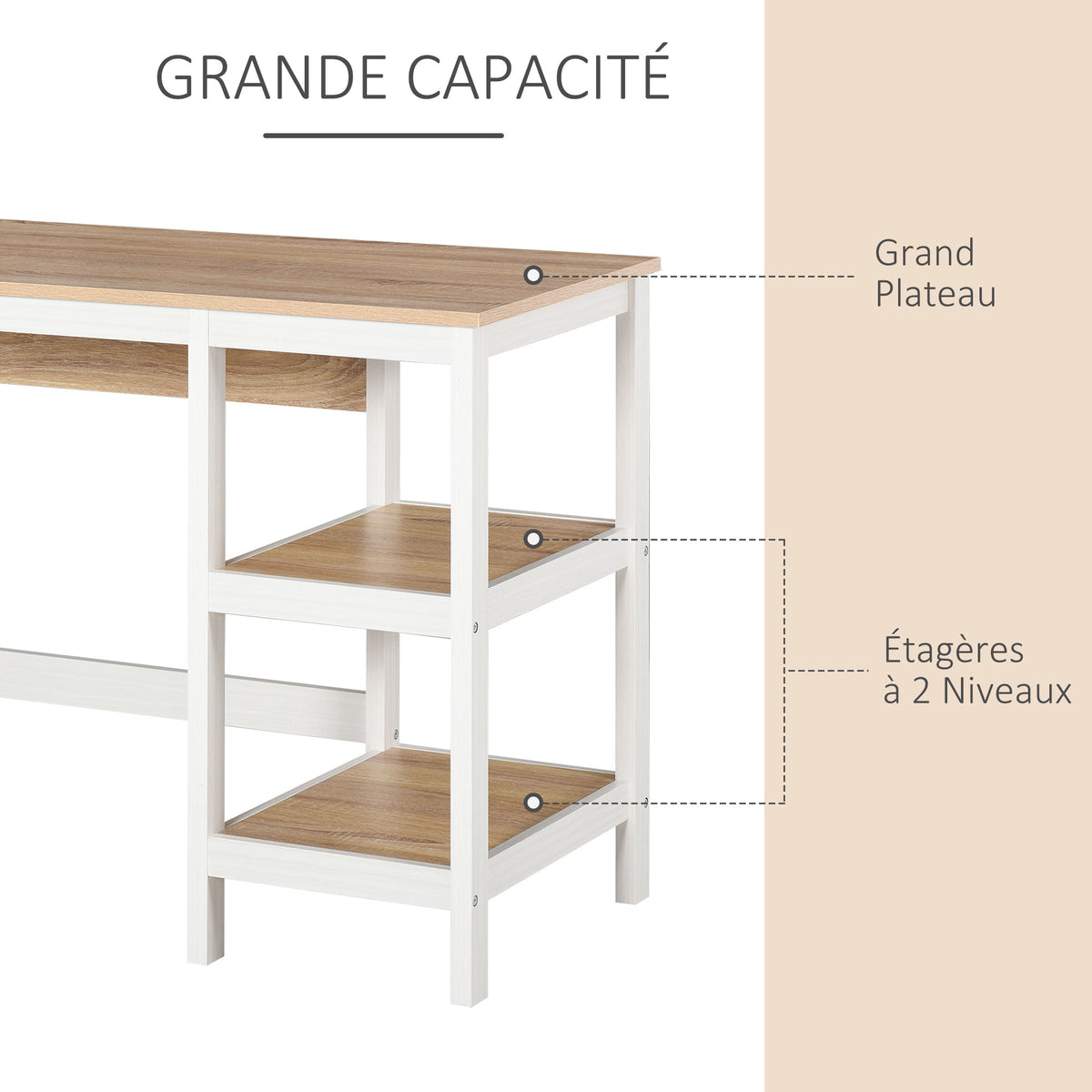 Bureau Informatique multimédia dim. 110L x 48l x 76H cm 2 étagères latérales MDF E1 chêne Clair Blanc-3