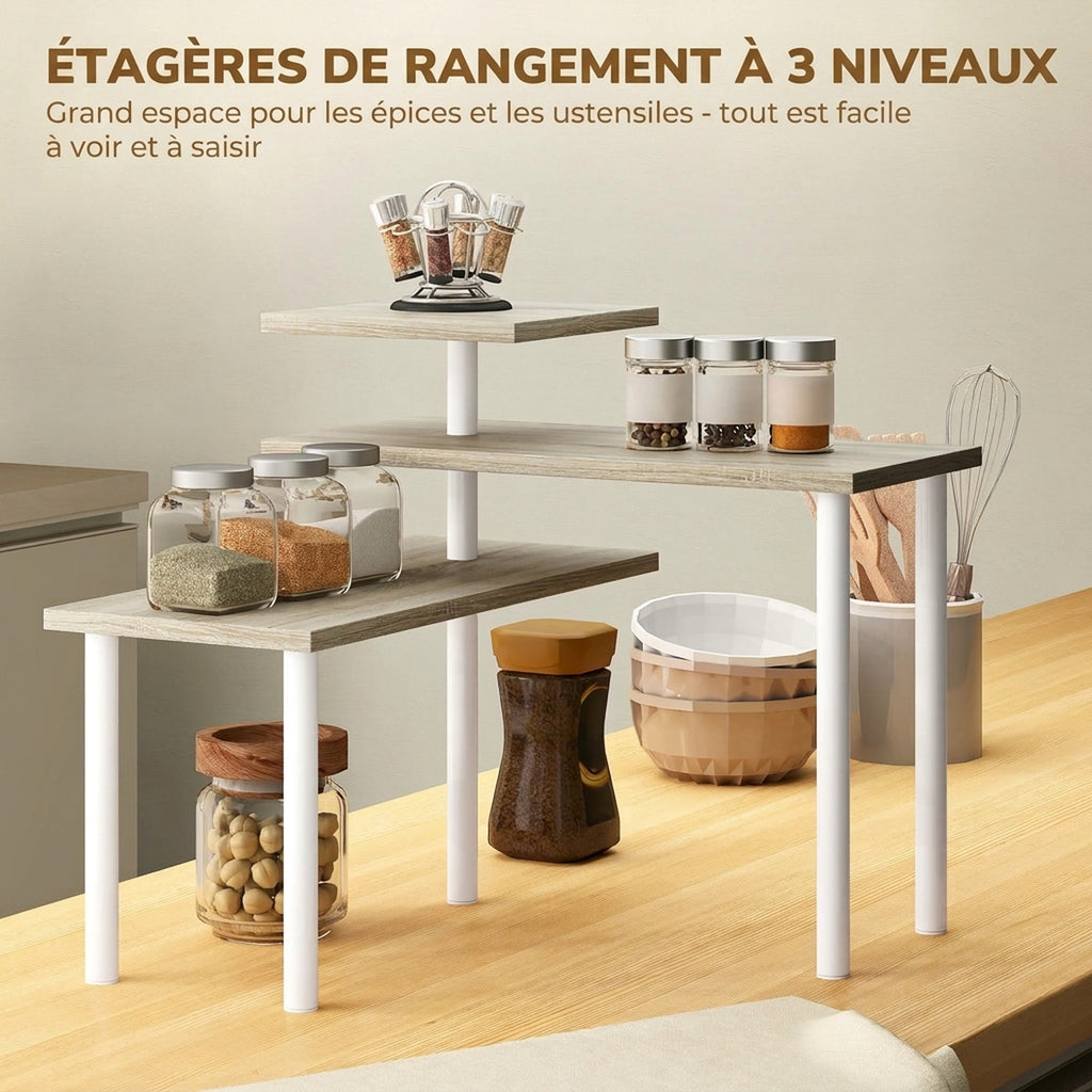 Étagère de cuisine rotative à 3 niveaux, étagère d'angle, cadre en métal, 40 x 18 x 36,5 cm, chêne et blanc-3