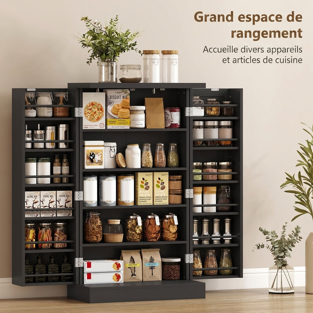 Armoire de Cuisine, Buffet Cuisine, avec 2 Portes, 12 Porte-Racks, 5 Compartiments et Étagères Réglables, Noir-3