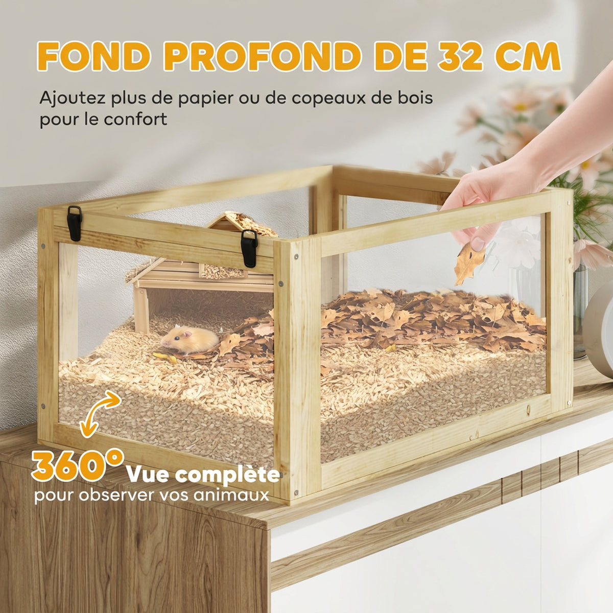 Cage Hamster Rongeur à 3 Niveaux, Fond Amovible, Cabane, Balançoire, 60x40x75cm, Finition Bois Naturel-4