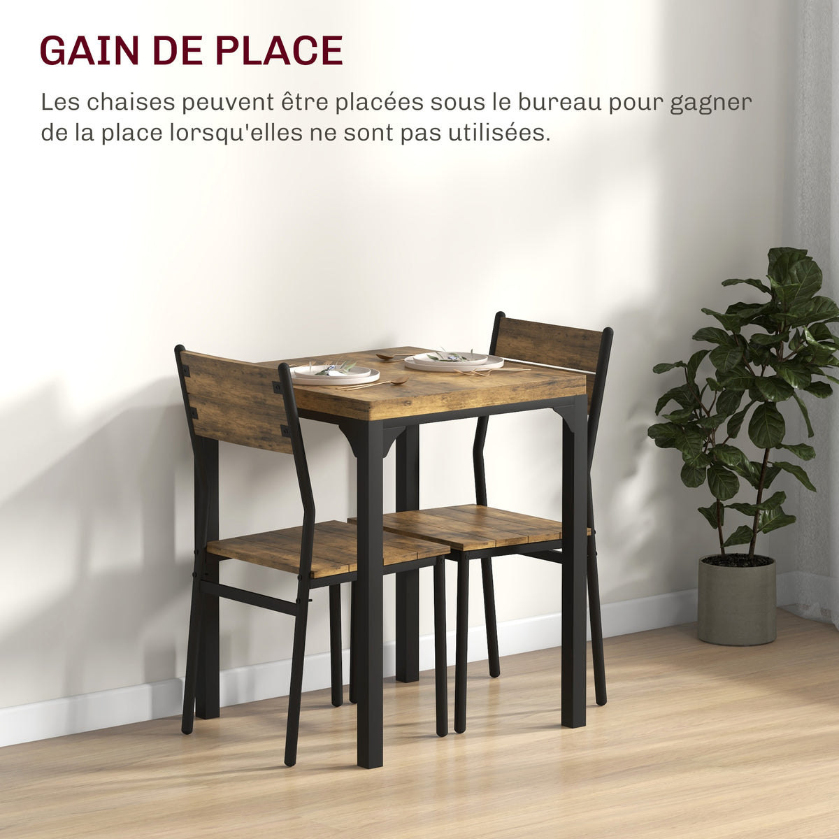 Ensemble table à manger avec 2 chaises encastrables, pour cuisine salon maison, rustique-3