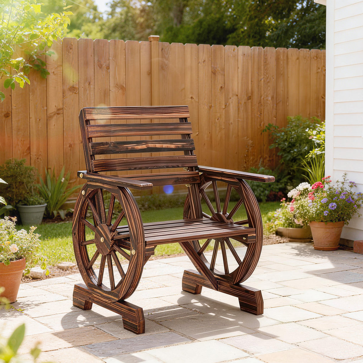 Chaise de Jardin en Bois, Style Roue de Chariot, Siège Large à Lattes, Dossier Incliné, 66x55x90cm, Finition Carbonisée-1