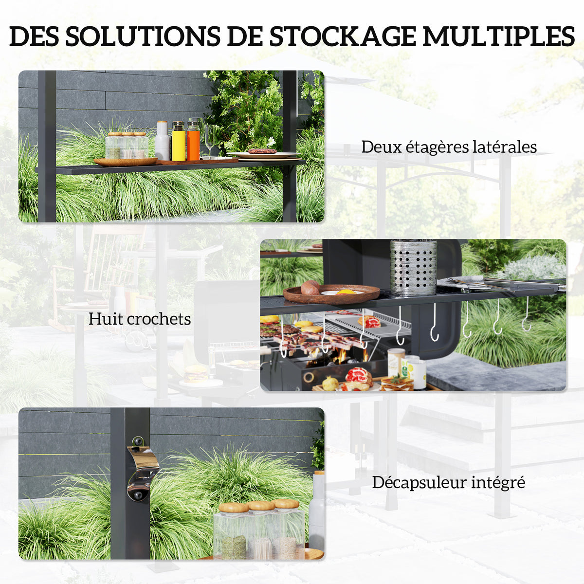 Tonnelle de barbecue à deux niveaux auvent de réception pour jardin avec lumière LED 243 x 148 x 248 cm gris foncé-4