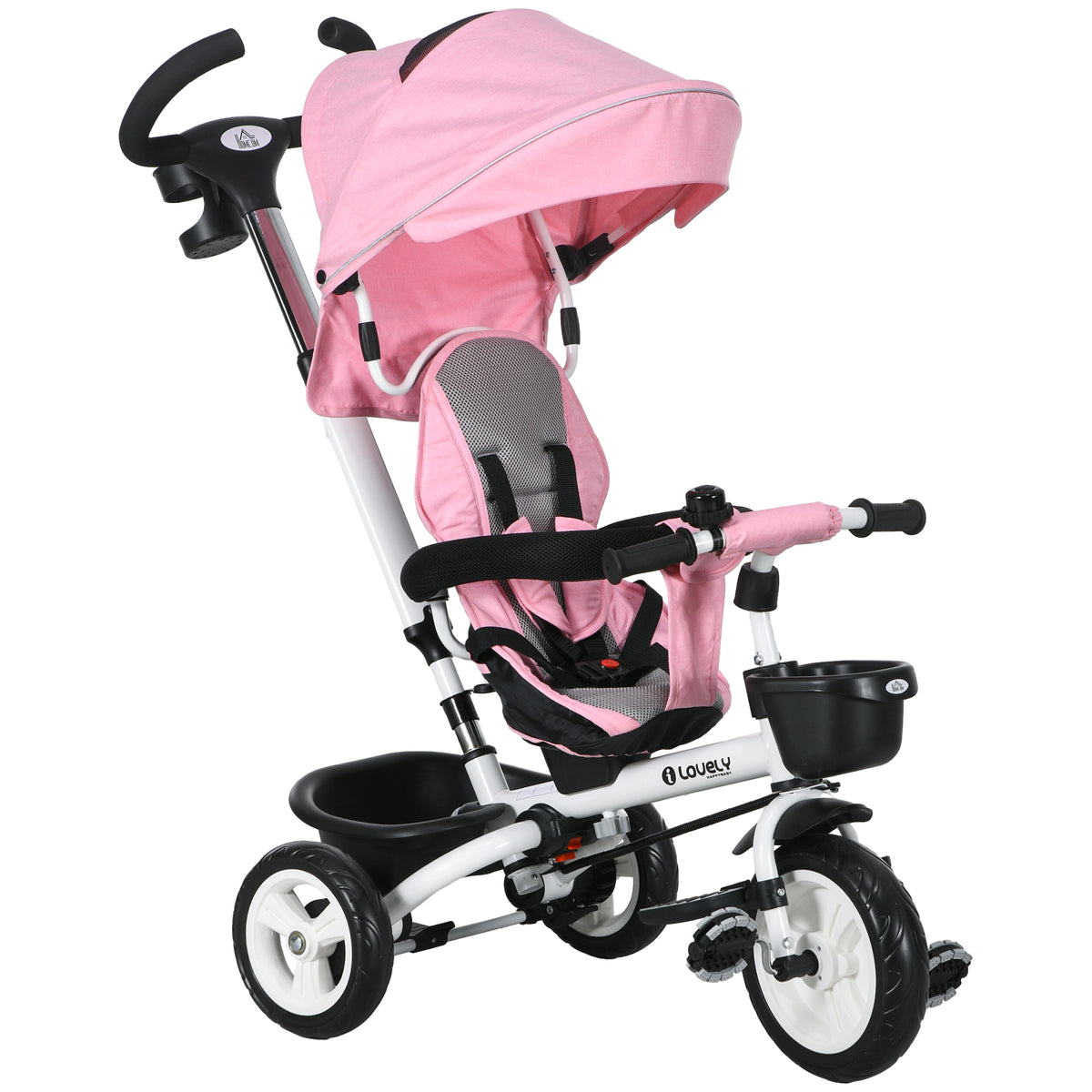 Tricycle bébé évolutif 6 en 1, tricycle enfant pliable, poignée parentale, siège réversible, 112x50x104cm, rose-0