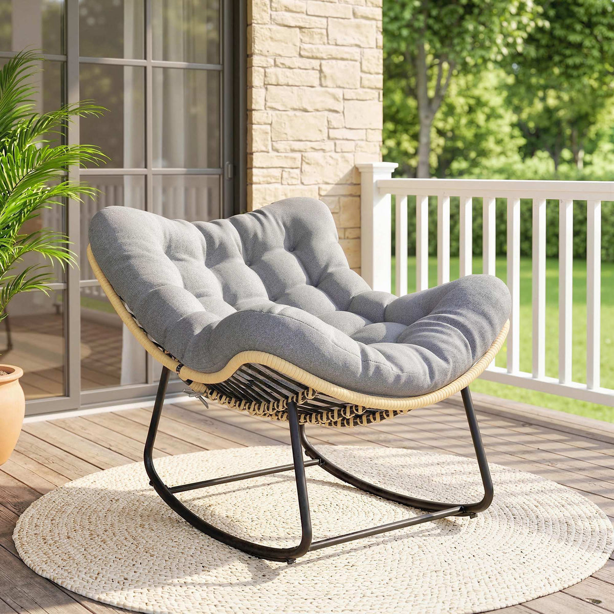 Fauteuil à bascule de jardin pour intérieur et extérieur, rocking chair en résine tressée avec coussin moelleux, gris-1