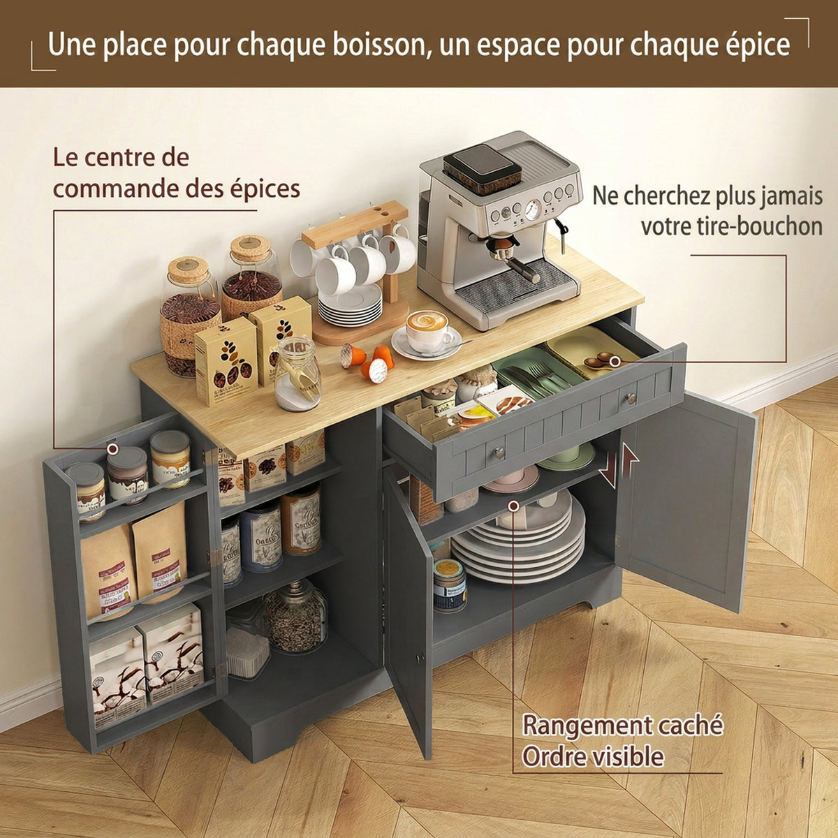 Buffet cuisine, meuble de rangement avec 3 portes, tiroir, étagères de porte et étagère réglable, 105x40x83cm, gris-3