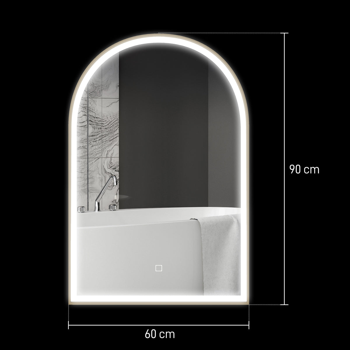 Miroir de salle de bain LED 90 x 60cm, mural, 3 couleurs, arqué cadre en aluminium, désembuage et interrupteur tactile-2