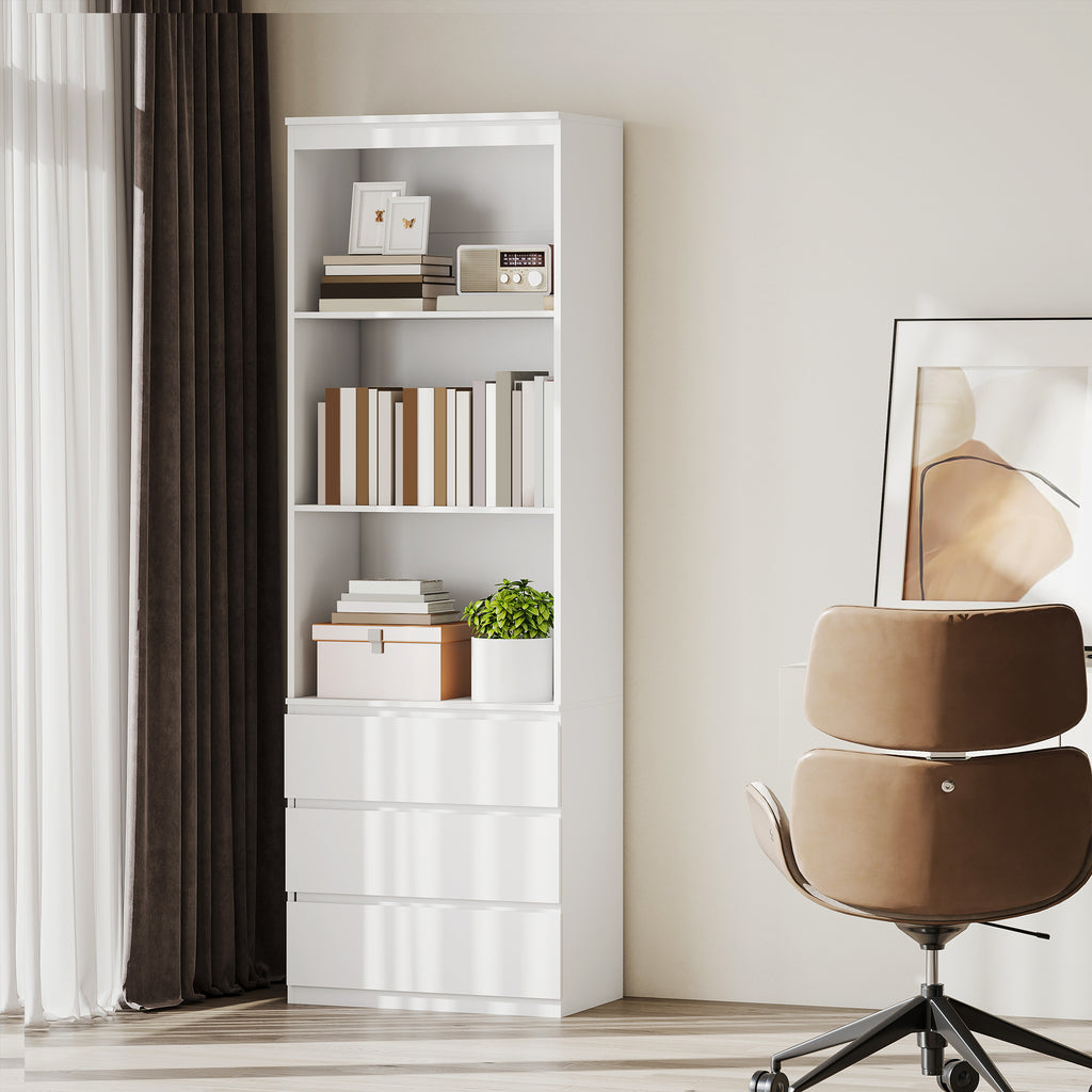 Bibliothèque haute de 180 cm avec 3 étagères et 3 tiroirs 60 x 35 x 180 cm en bois blanc-5