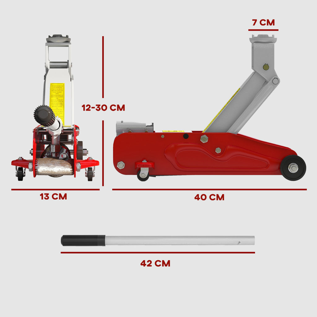 Cric hydraulique à profil bas en acier robuste, Charge maximale de 2000 kg, capacité de levage de 12 à 30 cm, rouge-2