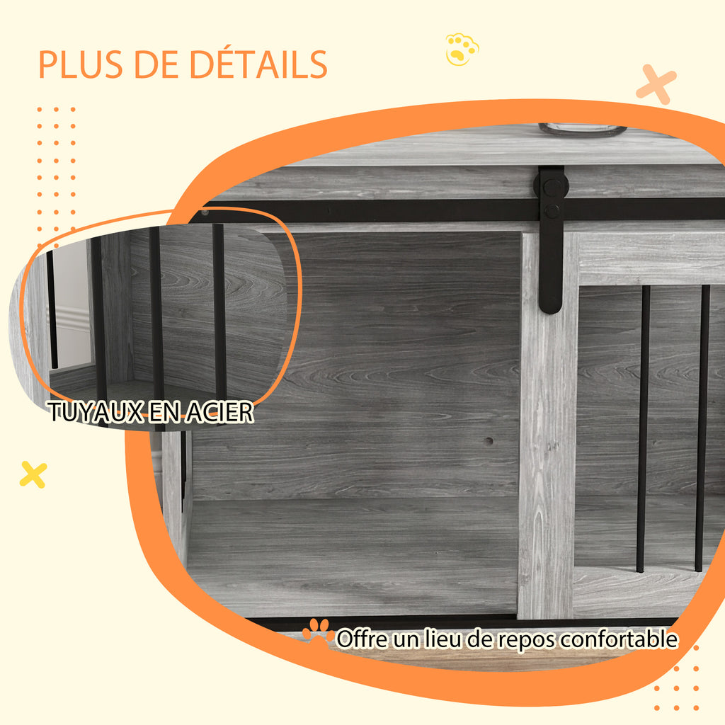 Cage caisse pour chien animaux intérieur porte coulissante, métal effet bois, dim. 57H x 80L x 54l cm-5