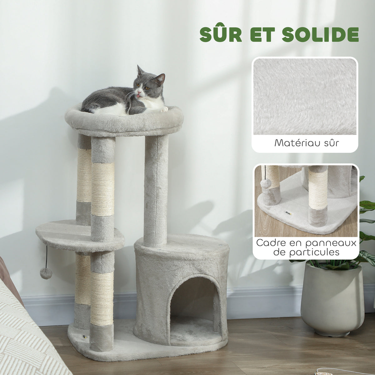 Arbre à chat tour de jeux pour chats griffoirs, plate-forme, niche, balle, tissu peluche, 60 x 45 x 90 cm, gris clair-5