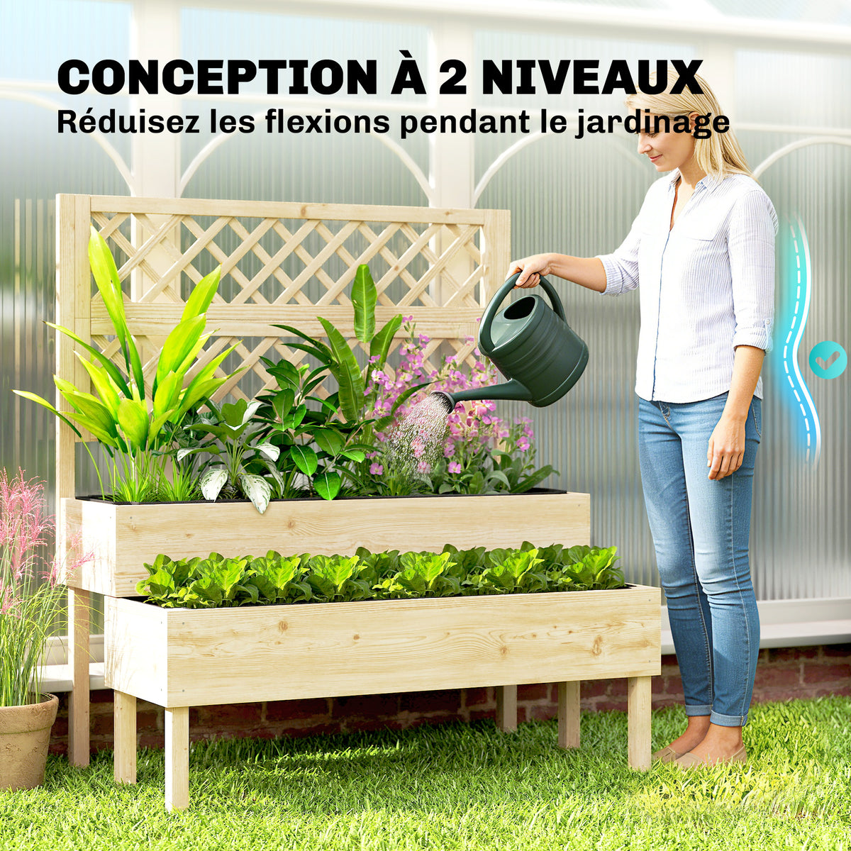 Jardinière à 2 Niveaux avec Treillis, bac à fleurs, avec tissu non tissé, 108 x 62 x 120 cm, effet bois naturelle-4