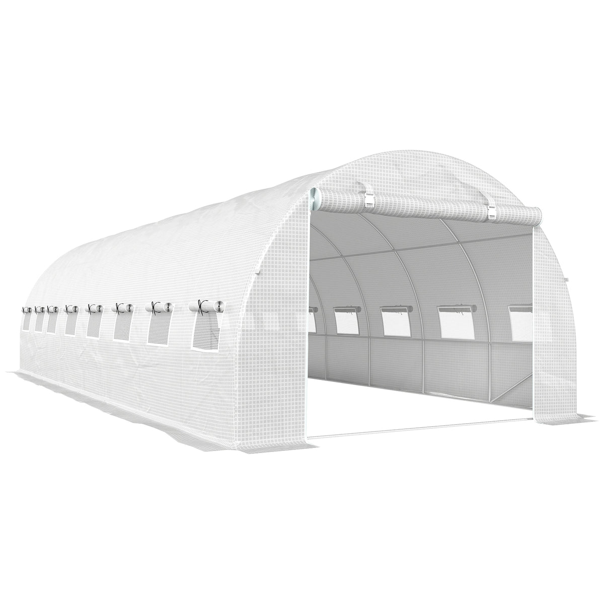 Serre de jardin tunnel 24m² 8L x 3l x 2H m - 16 fenêtres, Porte zippée enroulable acier galvanisé, bâche PE, Blanc-0