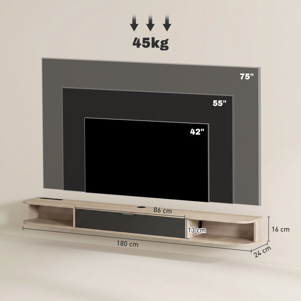 Meuble TV suspendu, meuble télé pour téléviseur jusqu'à 75 pouces, tiroir rabattable 2 étagères 180x24x16cm bois naturel-2