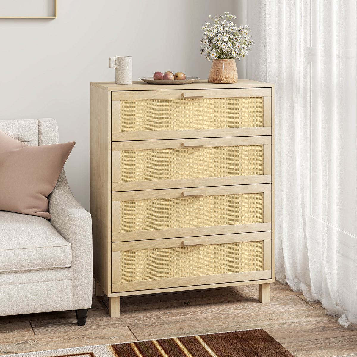 Commode 4 tiroirs cannage en rotin dim. 80L x 40l x 103H cm MDF Aspect Bois Clair-9