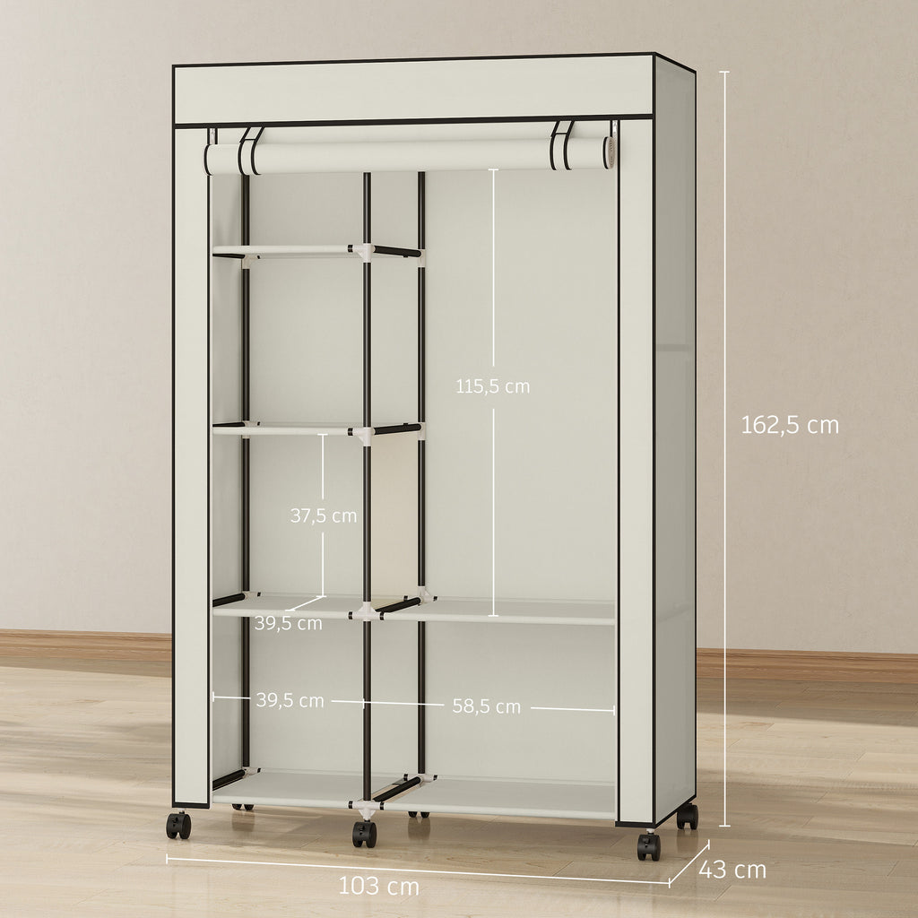 Armoire penderie en tissu meuble de rangement 6 roulettes tringle à vêtements et étagères ouvertes 103x43x162,5cm crème-2