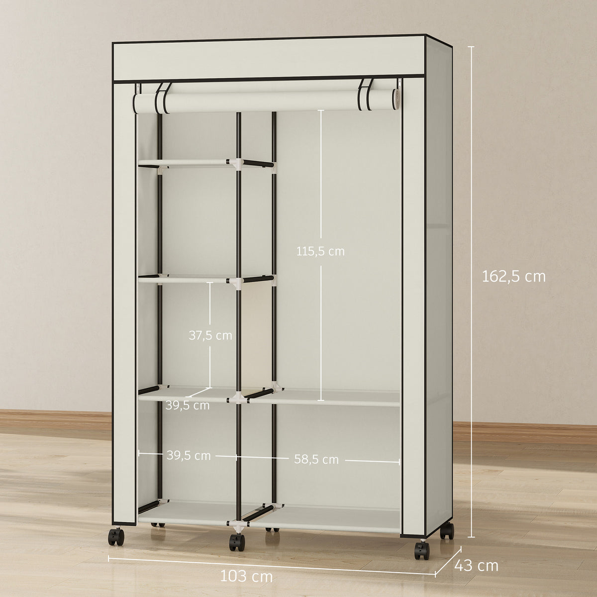 Armoire penderie en tissu meuble de rangement 6 roulettes tringle à vêtements et étagères ouvertes 103x43x162,5cm crème-2