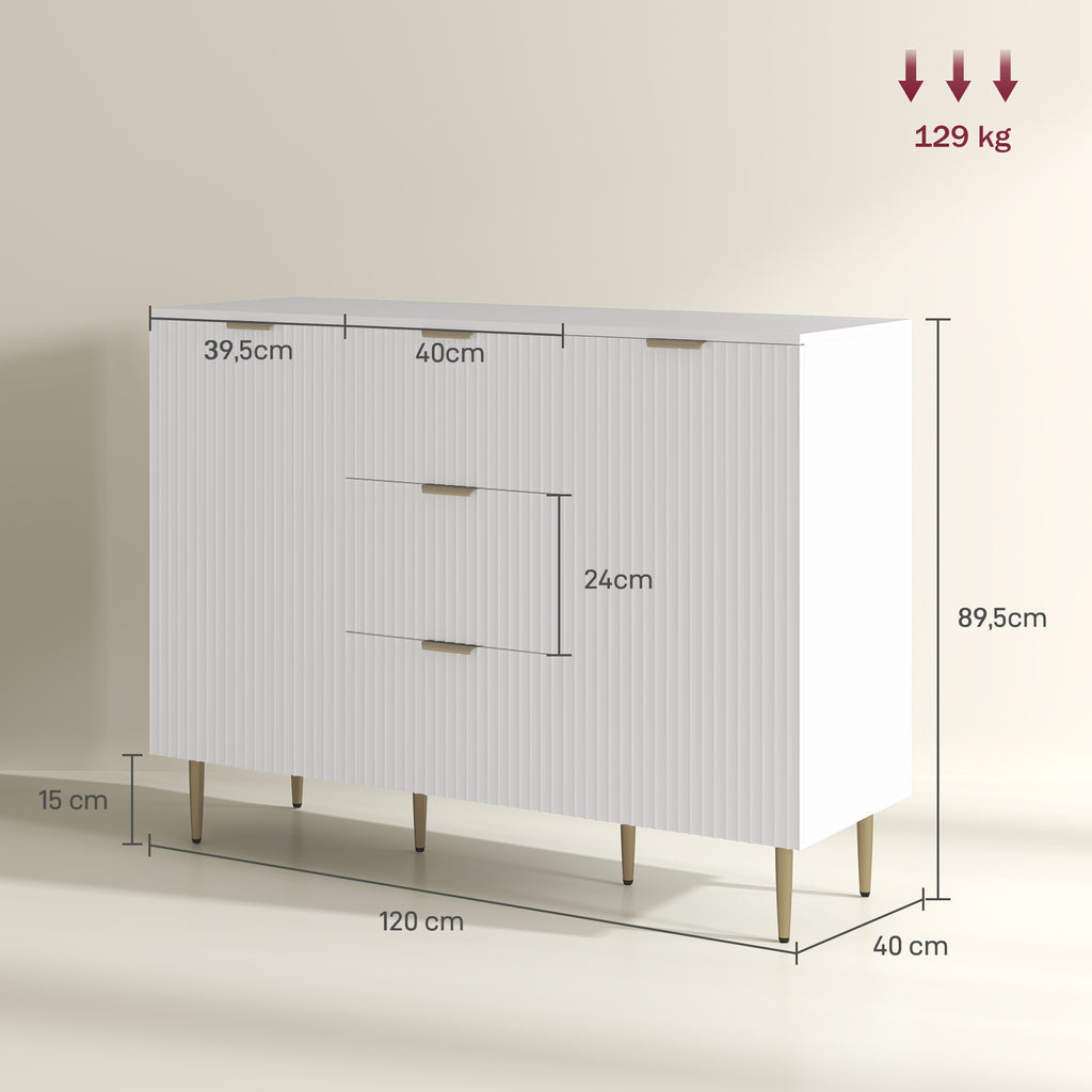 Buffet meuble cuisine rangement avec 3 tiroirs, étagères réglables, placards à portes cannelées, 120 x 40 x 90 cm, blanc-2