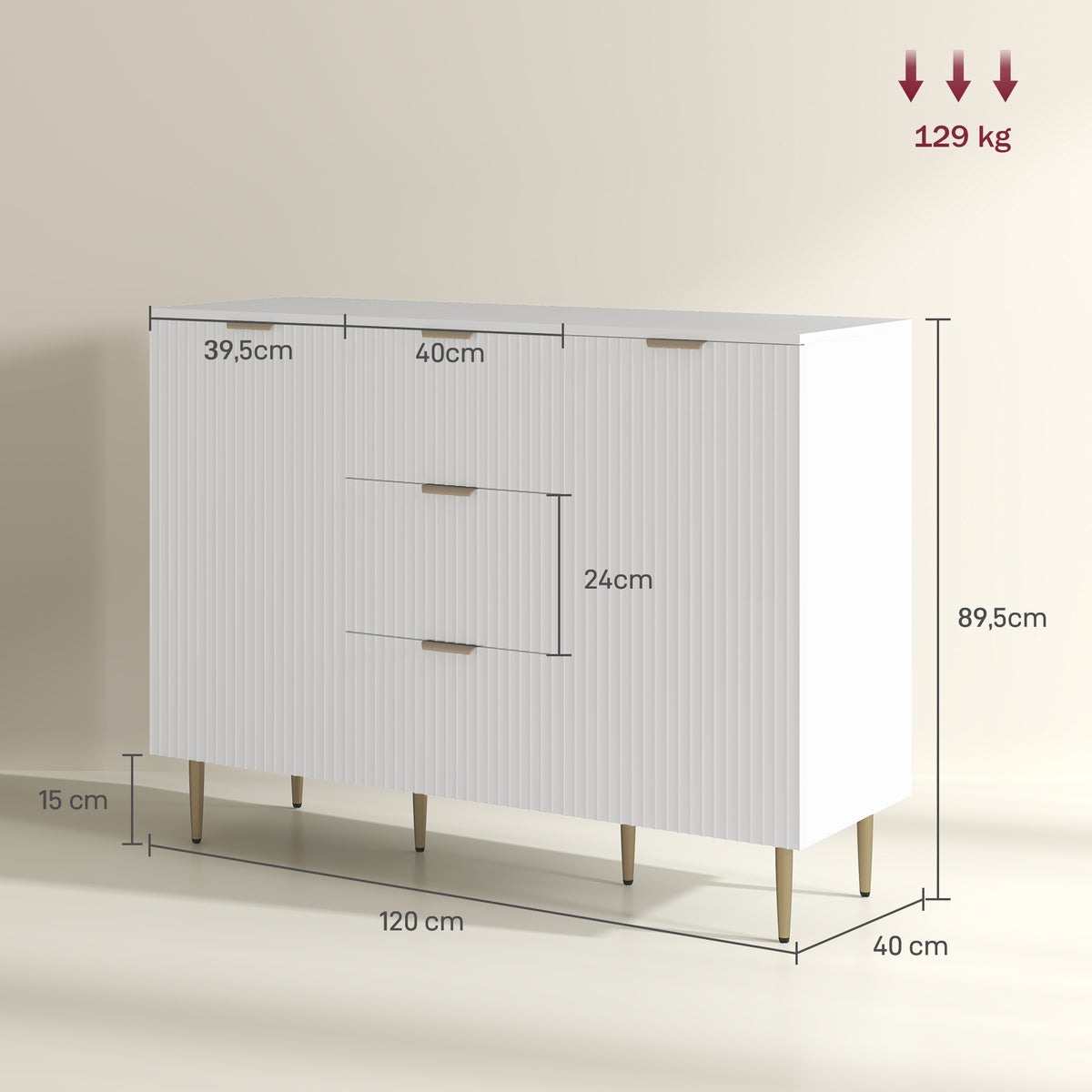 Buffet meuble cuisine rangement avec 3 tiroirs, étagères réglables, placards à portes cannelées, 120 x 40 x 90 cm, blanc-2