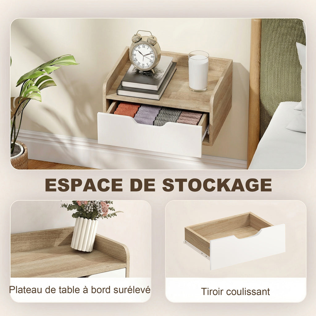 Lot de 2 tables de chevet murales, tables de nuit avec tiroir et plateau à rebords surélevés, 40x30x19,5cm, bois naturel-5