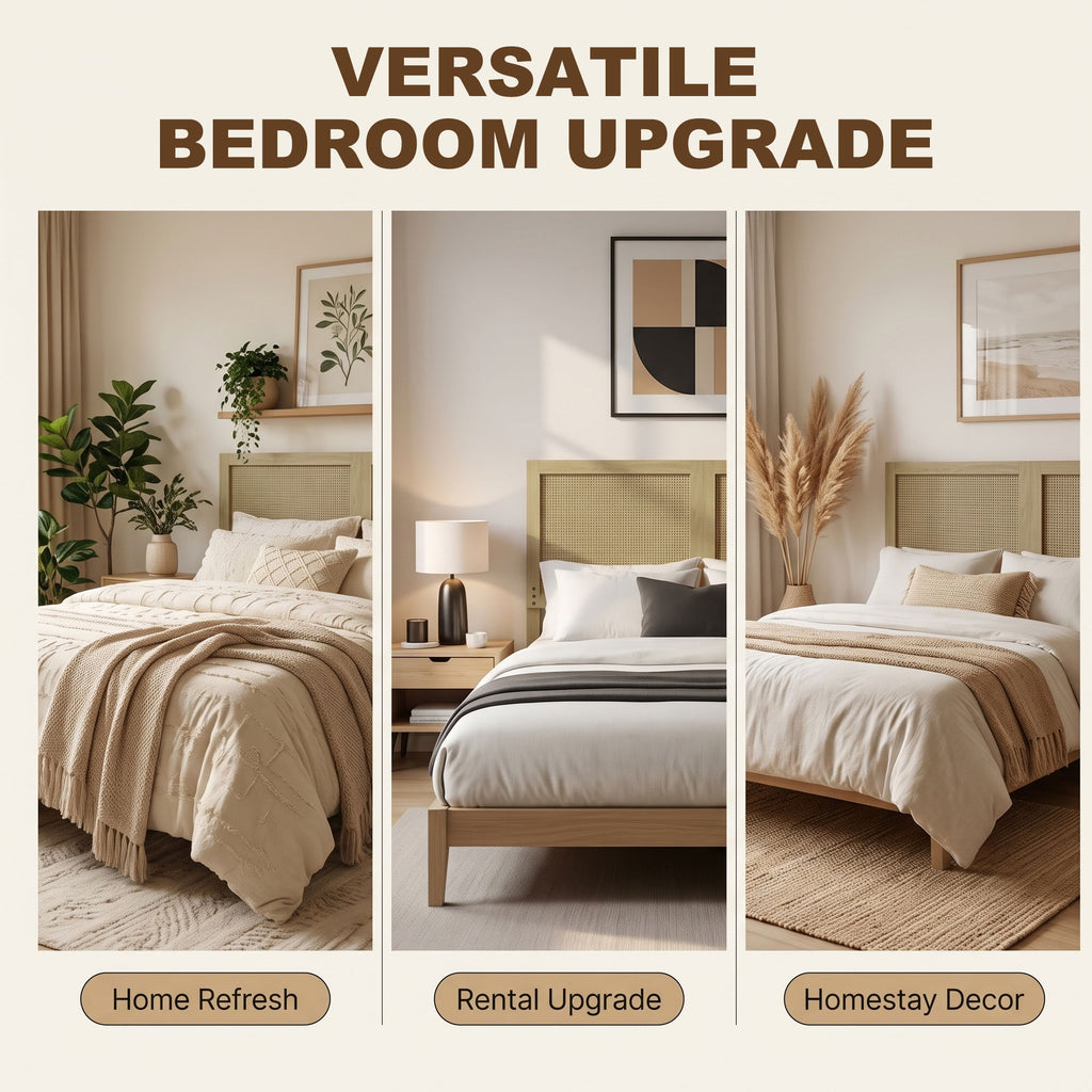 Tête de Lit en Bois à Effet Rotin, Design Bohème, pour Chambre à Coucher, 140 x 4 x 87 cm, Chêne-7