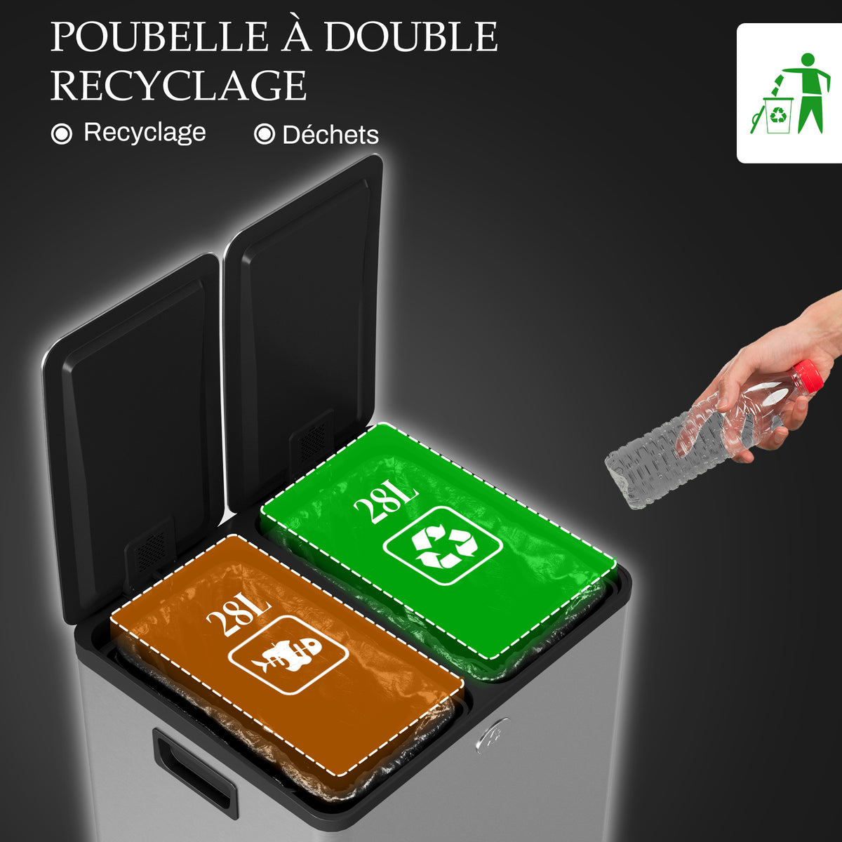 Poubelle de cuisine double, 2 x 28L, 2 couvercles à fermeture douce, seaux intérieurs amovibles et poignées-3